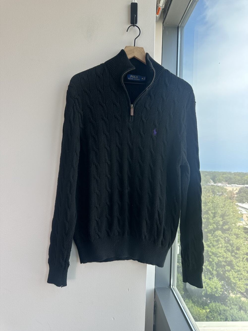 Polo Ralph Lauren Sweater Mens Black 1/4 Zip Cable Knit Mock Neck Preppy M